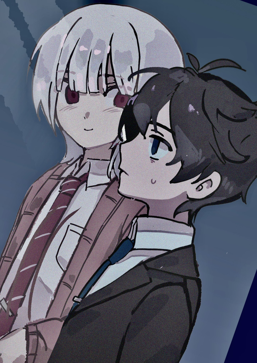 2boys, akinashi_haru, black_hair, black_jacket, blush, brown_cardigan, cardigan, collared_shirt