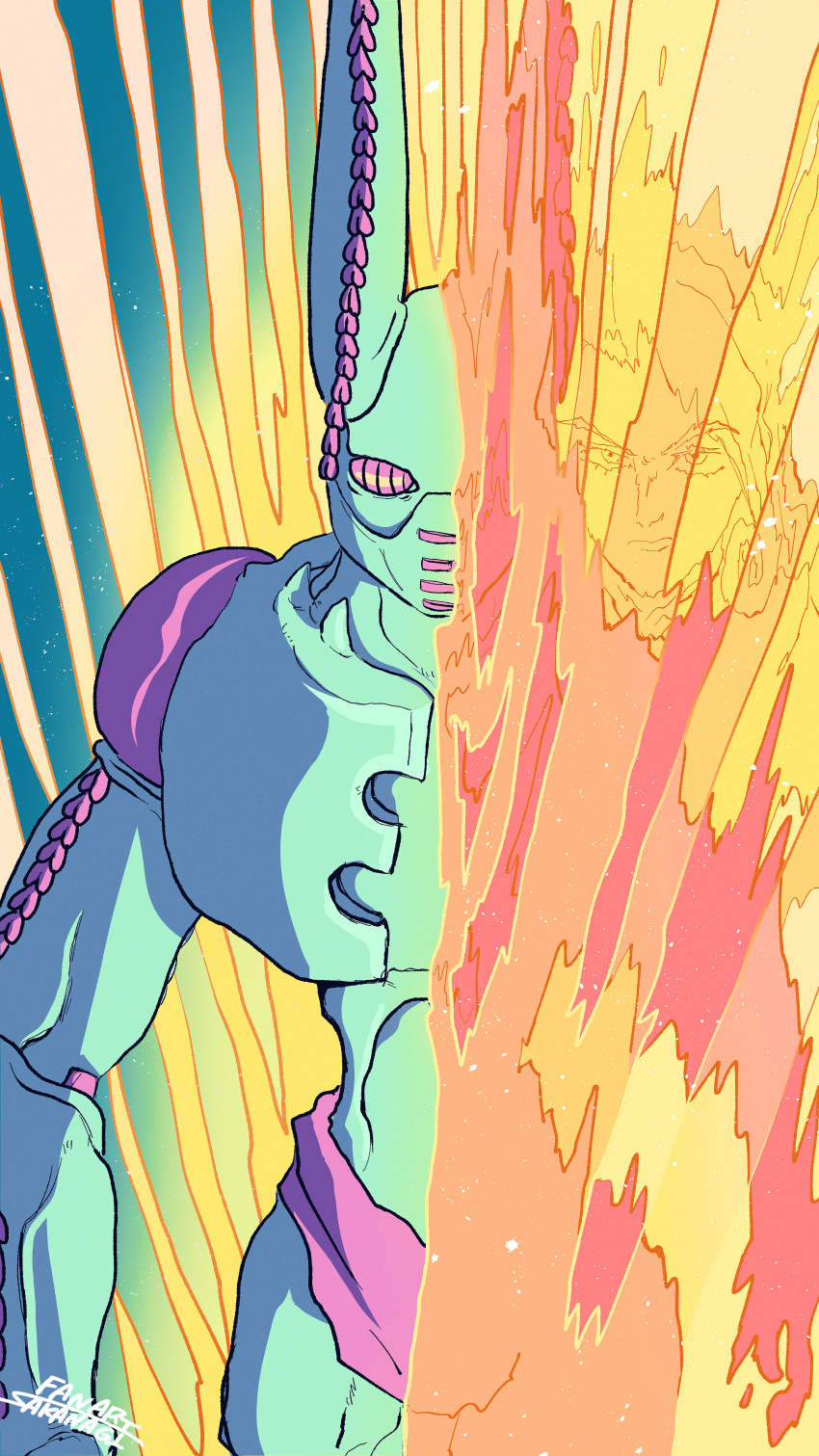 2boys, absurdres, arms_at_sides, commentary, curly_hair, d4c_love_train, dirty_deeds_done_dirt_cheap, funny_valentine