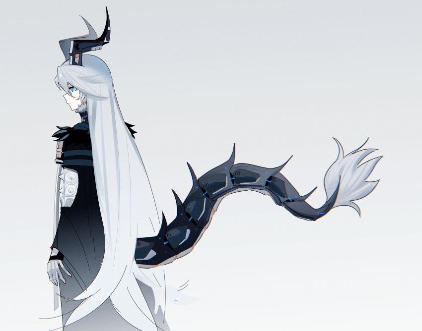 1girl, absurdres, black_coat, black_fur, black_horns, blue_eyes, blurry, chinese_commentary, closed_mouth, coat, commentary_request, depth_of_field, dragon_horns, dragon_tail, expressionless, from_side, fur-trimmed_coat, fur_trim, gradient_background, grey_background, grey_hair, hair_between_eyes, hendiurendelaodong, highres, horns, long_hair, long_horns, looking_to_the_side, solo, standing, sunbringer_(zenless_zone_zero), tail, upper_body, zenless_zone_zero