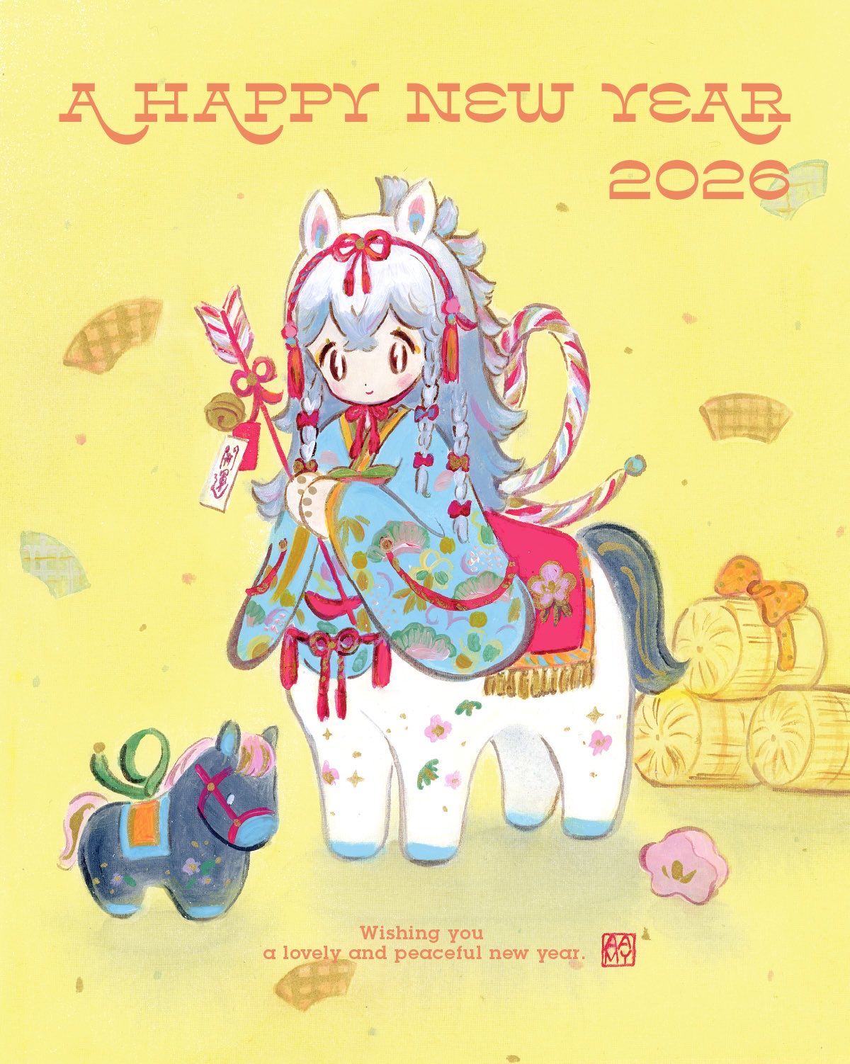1girl, 2026, animal_ears, arrow_(projectile), bell, bow, braid, centaur
