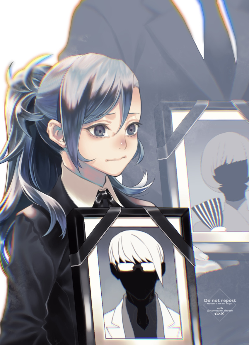 1girl, ai_the_somnium_files, blue_hair, commentary_request, funeral, glasses, grimace, highres