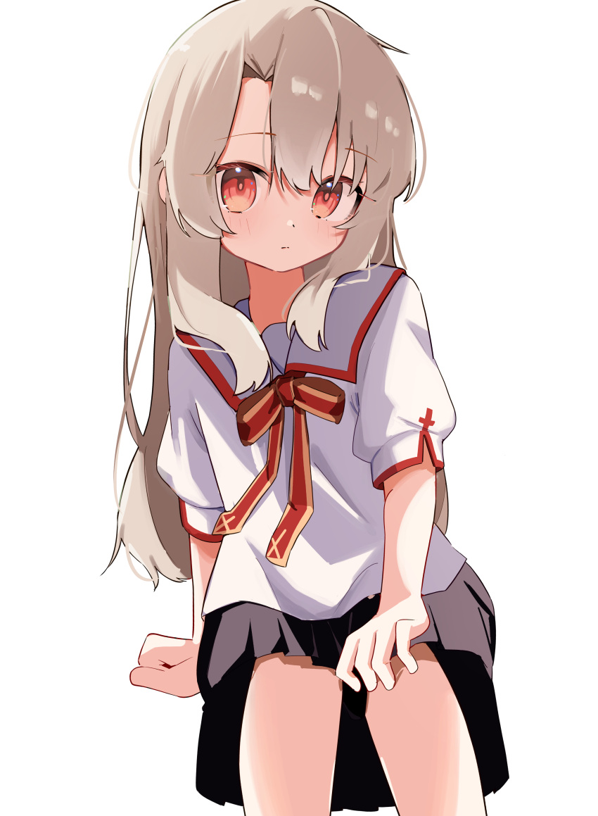 1girl, absurdres, aoi_(swoi_ekk), arm_at_side, black_skirt, blonde_hair, closed_mouth, fate/kaleid_liner_prisma_illya, fate_(series), hand_on_own_knee, highres, illyasviel_von_einzbern, loli, long_hair, looking_at_viewer, red_eyes, sailor_collar, school_uniform, shirt, short_sleeves, simple_background, skirt, solo, white_background, white_sailor_collar, white_shirt