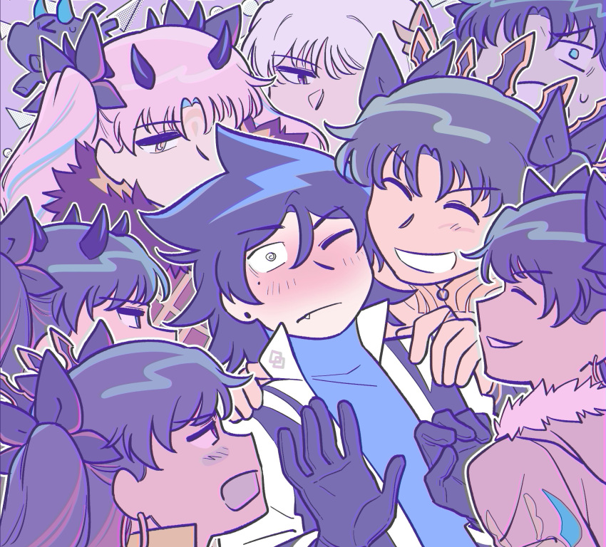 >_<, 1boy, 6+girls, @_@, black_eyes, black_gloves, black_hair, blue_eyes