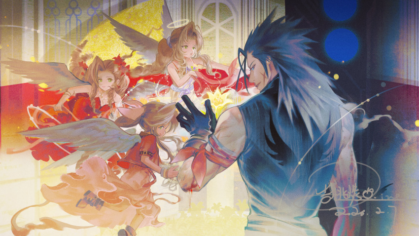 1boy, 1girl, absurdres, aerith_gainsborough, aerith_gainsborough_(red_dress), angel_wings, arm_ribbon, bare_shoulders