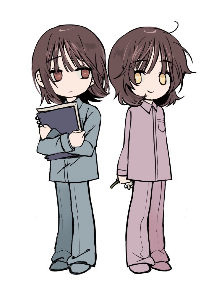 1boy, 1girl, aged_down, ahoge, blue_pajamas, brother_and_sister, brown_hair, child