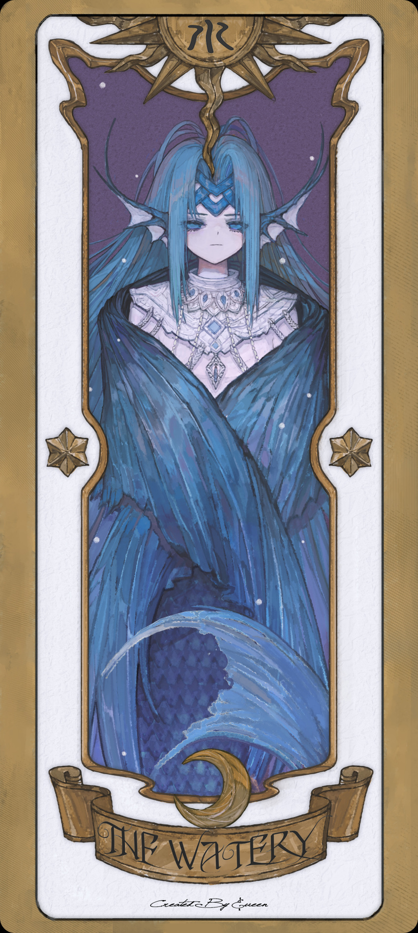 &amp;ueen, 1girl, absurdres, blue_eyes, blue_gem, blue_hair, card, cardcaptor_sakura, clow_card, crescent_moon, fins, gem, head_fins, highres, jewelry, long_hair, mermaid, monster_girl, moon, scales, star_(symbol), sun, watery_(clow_card)