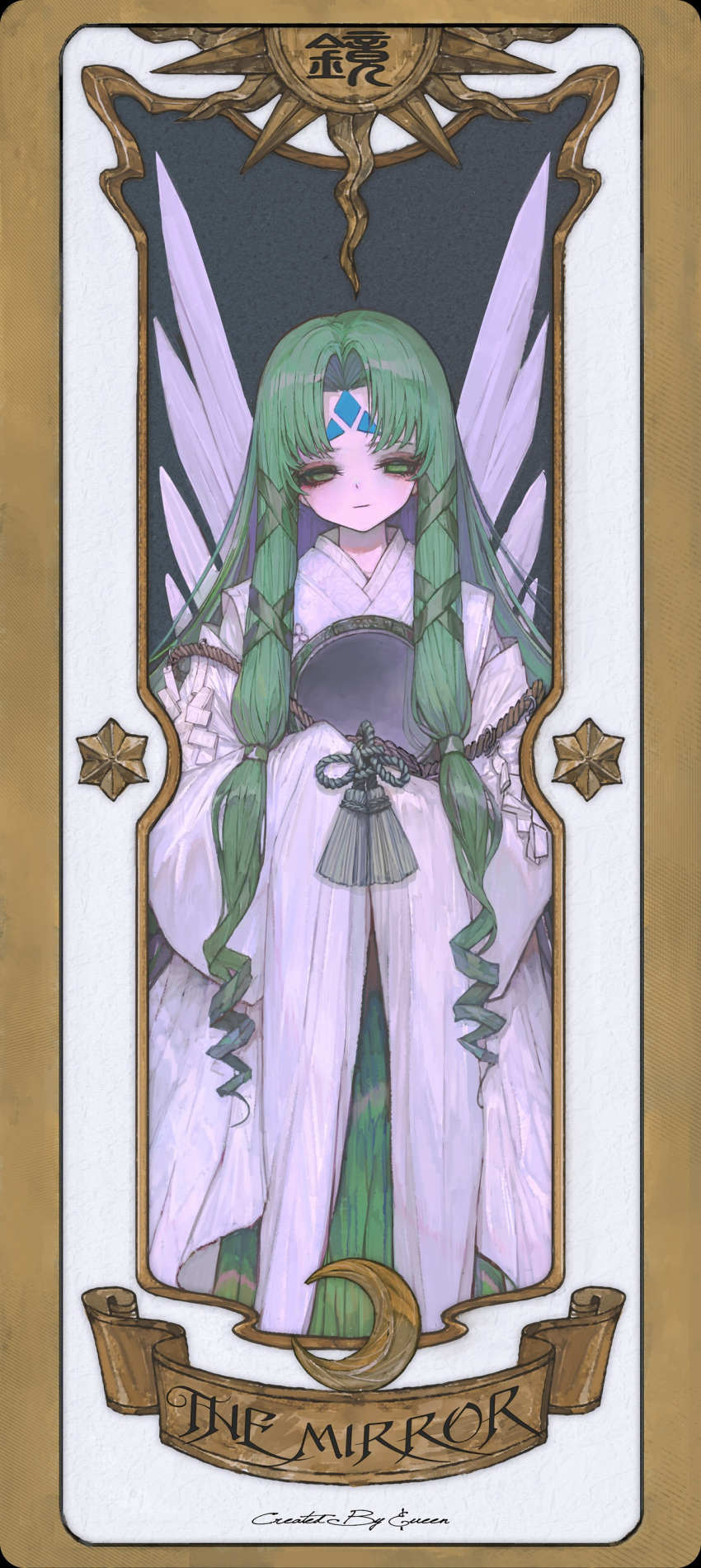 &amp;ueen, 1girl, absurdres, cardcaptor_sakura, clow_card, crescent_moon, dress, facial_mark, forehead_mark, green_eyes, green_hair, highres, holding, holding_mirror, japanese_clothes, kimono, long_hair, miko, mirror, mirror_(clow_card), moon, parted_bangs, rope, shide, shimenawa, star_(symbol), sun, white_kimono, wings
