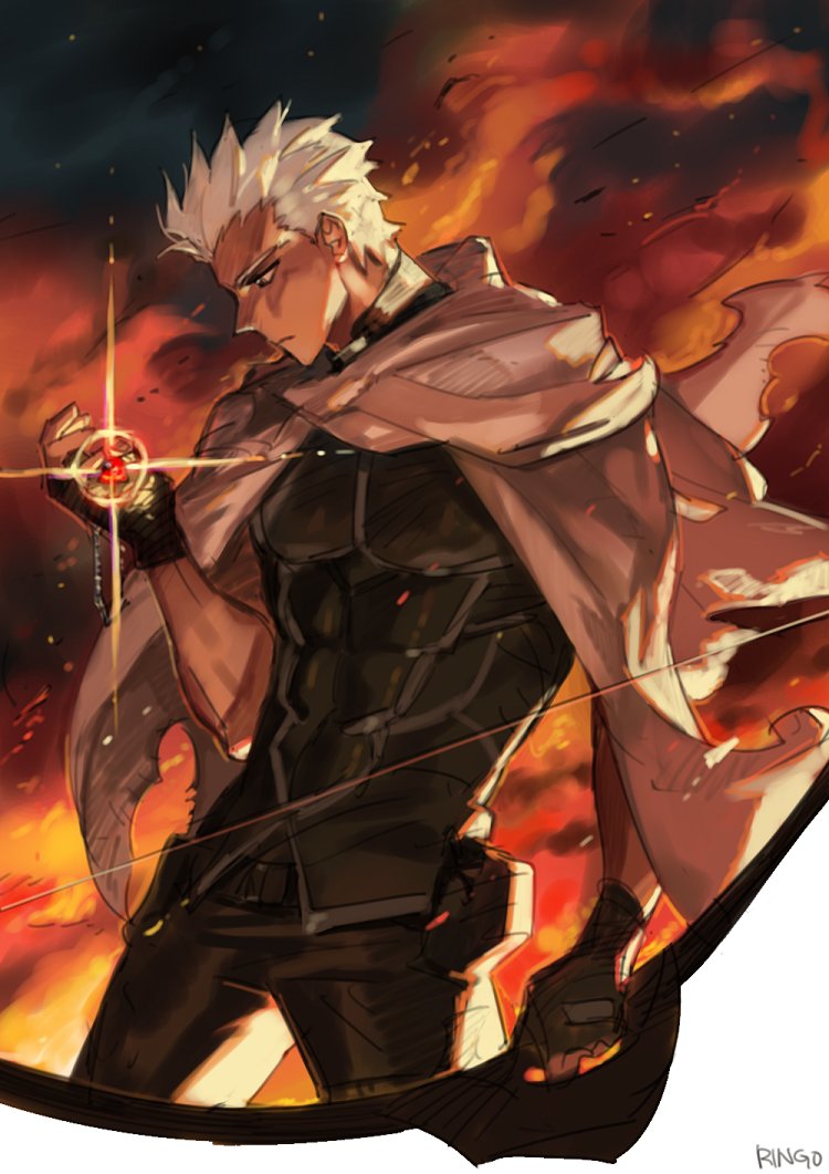 1boy, archer_(fate), armor, bow_(weapon), breastplate, collar, dark-skinned_male, dark_skin