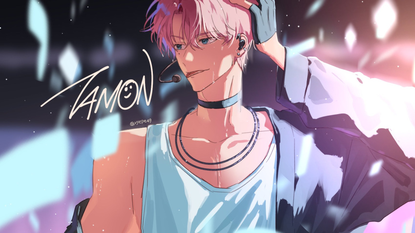 1boy, arm_up, artist_name, black_choker, black_gloves, black_jacket, blue_eyes, character_name