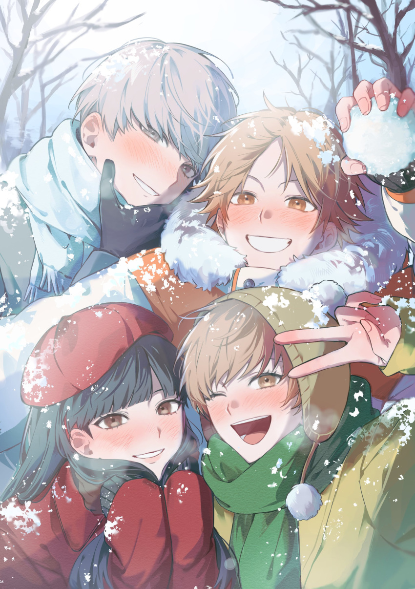2boys, 2girls, absurdres, amagi_yukiko, bare_tree, black_gloves, black_hair, blue_scarf