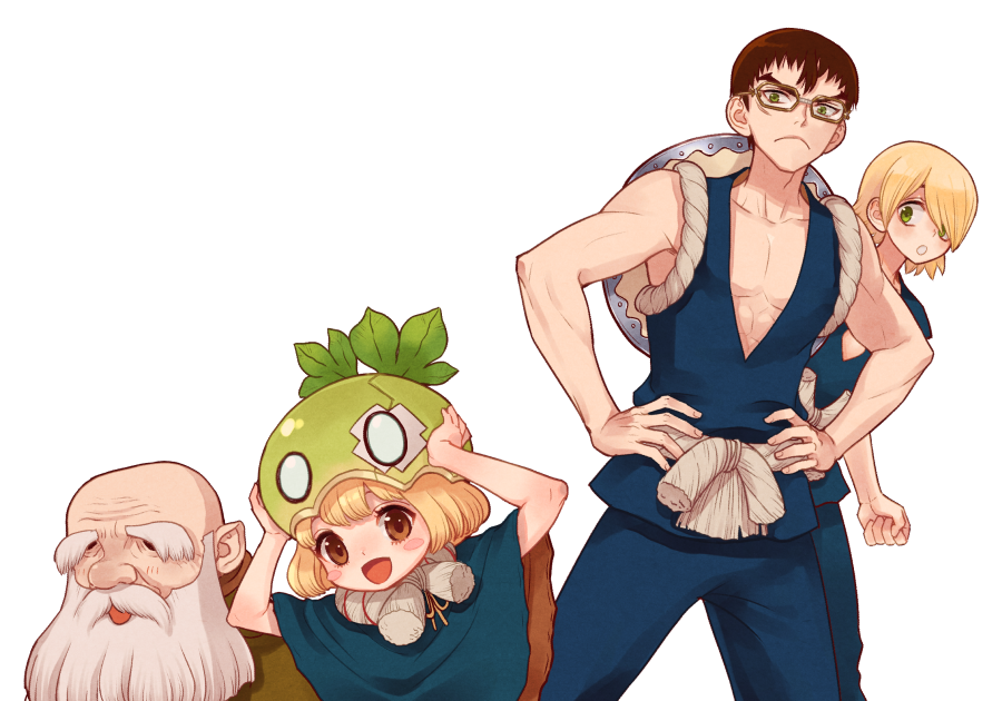 1girl, 3boys, bald, beard, blonde_hair, brown_eyes, brown_hair, commentary_request