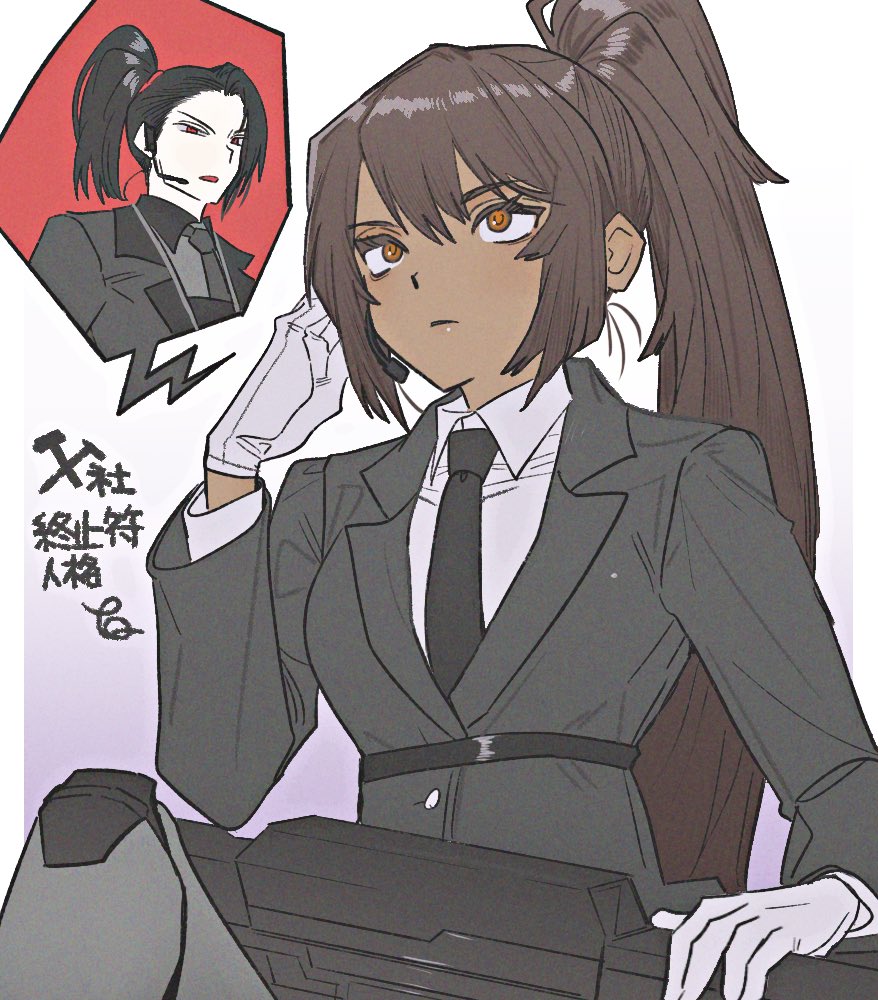 1boy, 1girl, black_jacket, black_necktie, brown_hair, collared_shirt, earpiece, full-stop_office_(identity)_(project_moon)