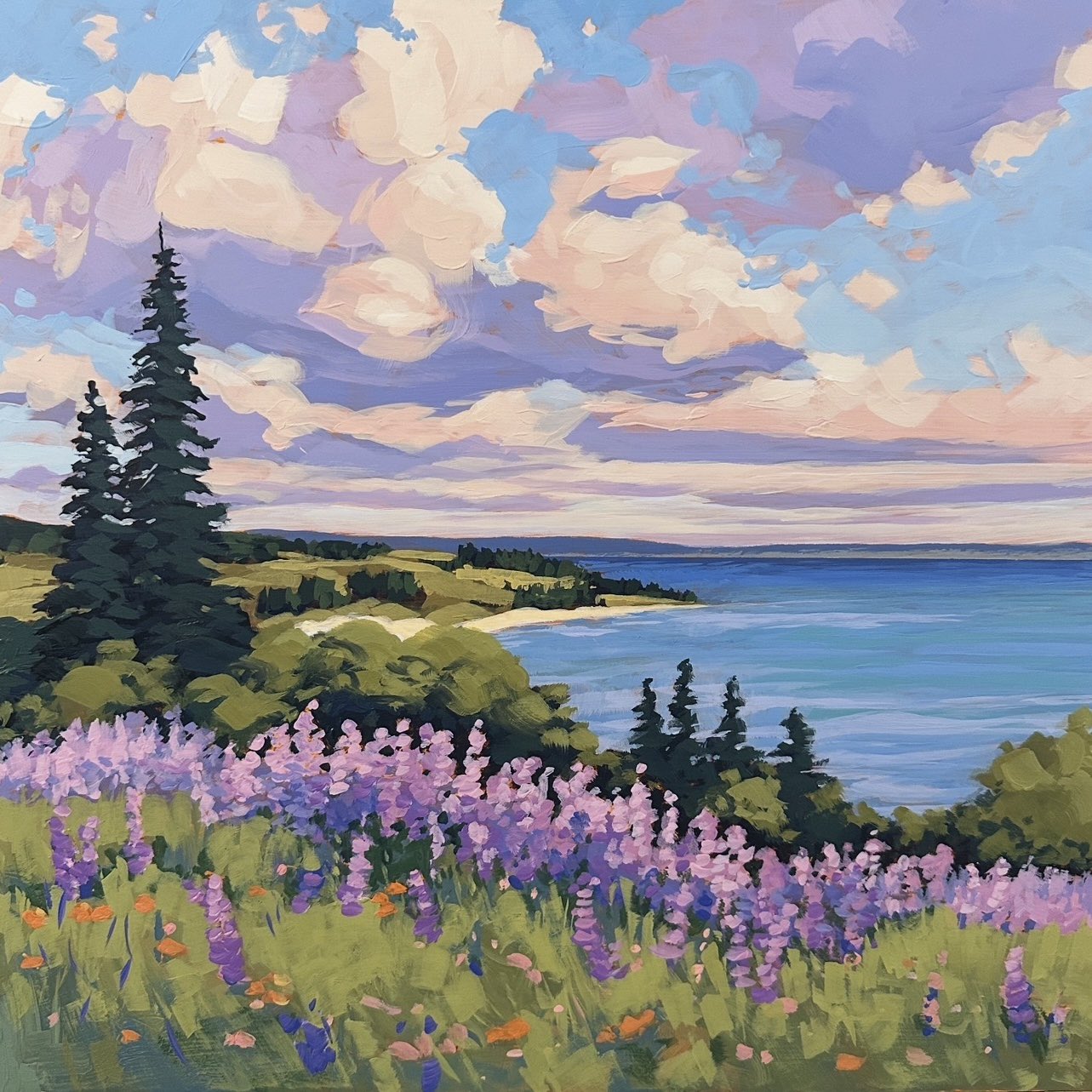 acrylic_paint_(medium), beach, clouds, cloudy_sky, english_commentary, flower, highres, jimmusilpainter