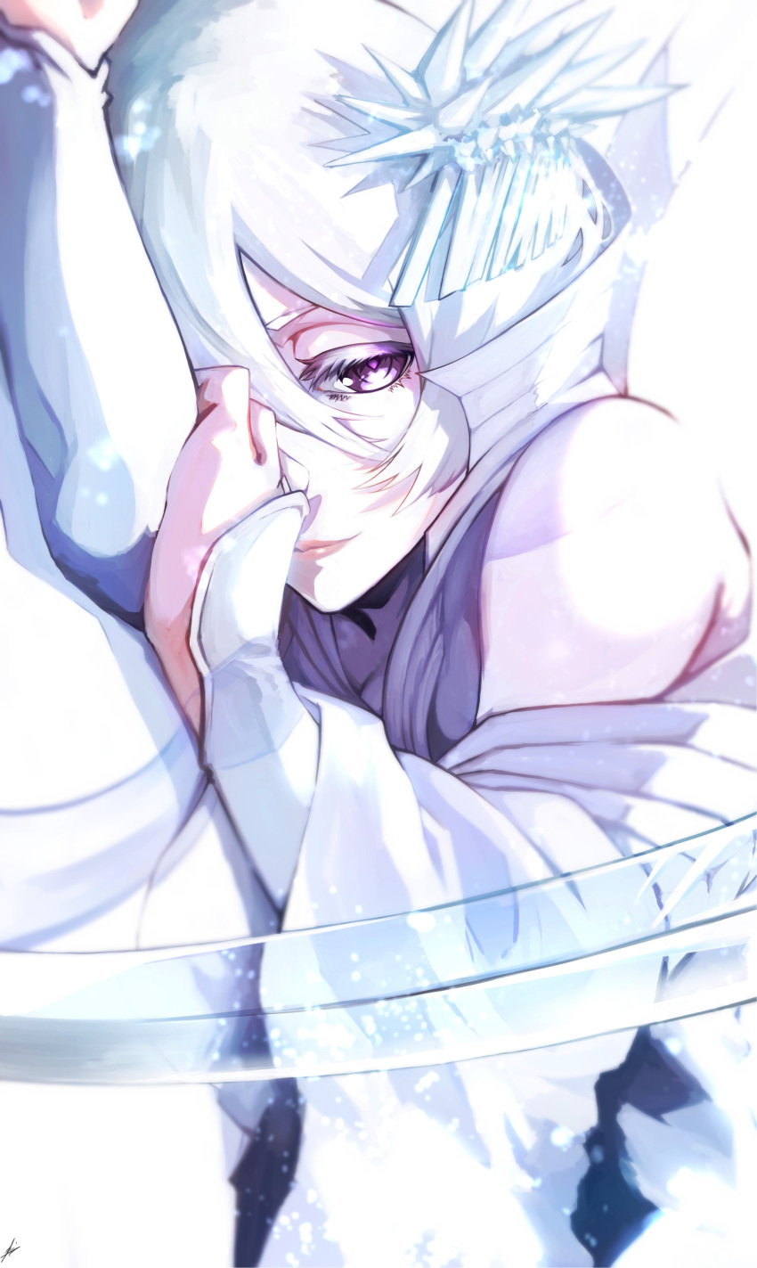 1girl, absurdres, arm_warmers, bankai, bare_shoulders, bleach, bleach:_sennen_kessen-hen, closed_mouth, collared_dress, colored_eyelashes, commentary_request, dress, dutch_angle, eyelashes, hair_between_eyes, hair_ornament, hakka_no_togame_(bankai), highres, ice, isana!, kanzashi, katana, kuchiki_rukia, lips, long_sleeves, looking_at_viewer, lying, making-of_available, official_alternate_costume, official_alternate_hair_color, on_side, short_hair, signature, simple_background, smile, snowing, solo, sword, upper_body, violet_eyes, weapon, white_arm_warmers, white_background, white_dress, white_hair, wide_sleeves