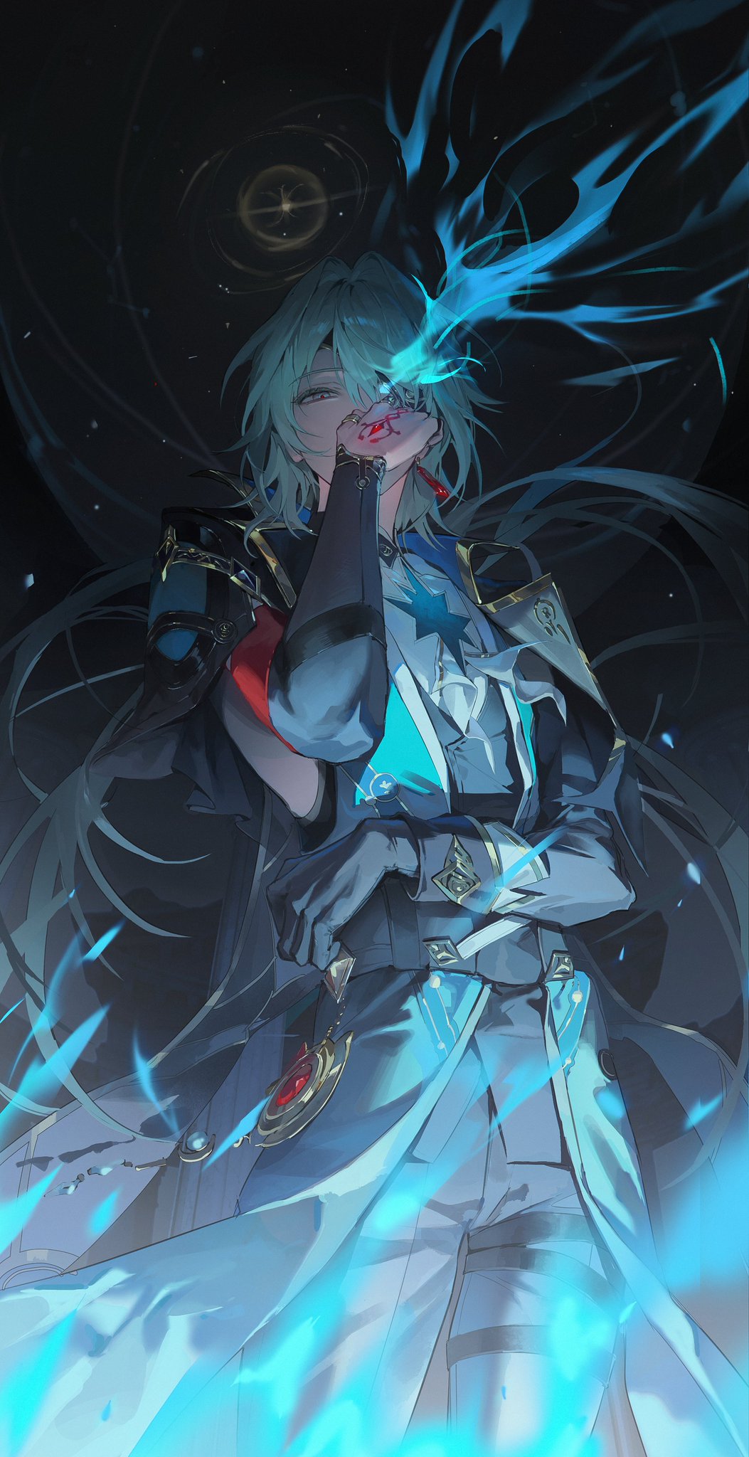 1boy, anaxa_(honkai:_star_rail), arm_belt, arm_up, belt, black_coat, black_gloves, black_pants, black_vest, blue_eyes, blue_hair, coat, covering_own_mouth, curtained_hair, deukdo, earrings, feet_out_of_frame, gem, gloves, gold_trim, hashtag-only_commentary, highres, honkai:_star_rail, honkai_(series), jewelry, lapels, long_sleeves, looking_at_viewer, male_focus, multiple_rings, pants, piercing, red_gem, ring, shirt, single_earring, single_glove, solo, standing, thigh_belt, thigh_strap, vest, white_shirt