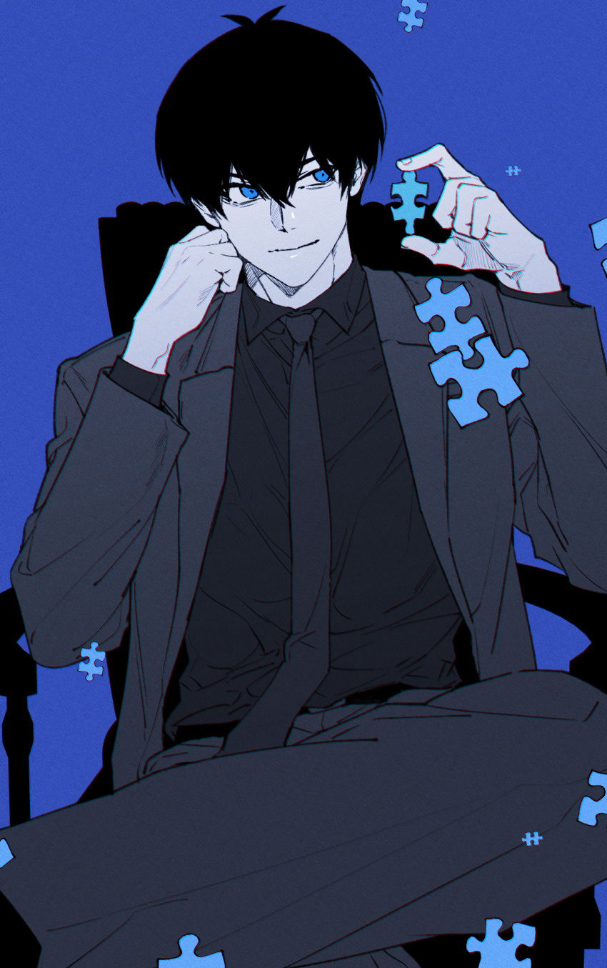 1boy, black_hair, black_shirt, blue_background, blue_eyes, blue_lock, chair, closed_mouth