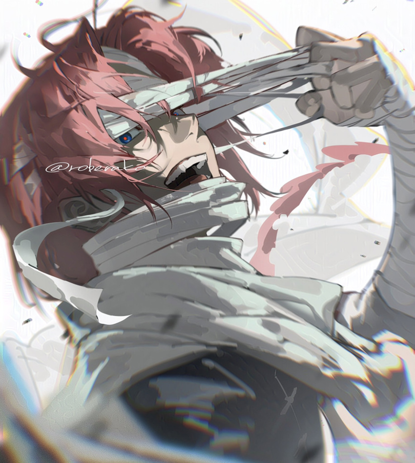 1boy, arm_up, bandage_pull, bandaged_arm, bandages, black_shirt, blue_eyes, braid