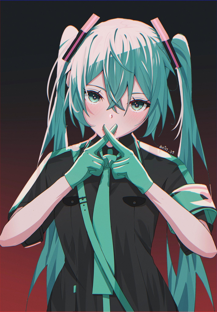 1girl, aqua_armband, aqua_eyes, aqua_gloves, aqua_hair, aqua_necktie, armband, black_background, black_shirt, blush, closed_mouth, collared_shirt, commentary, crossed_bangs, crossed_fingers, gloves, hair_between_eyes, hair_ornament, hands_up, hatsune_miku, heart, heart_in_eye, heart_print, highres, koi_wa_sensou_(vocaloid), long_hair, looking_at_viewer, necktie, red_background, shirt, short_sleeves, sidelocks, simple_background, solo, straight-on, symbol-only_commentary, symbol_in_eye, twintails, twitter_username, upper_body, vocaloid, weiss_rubiaceae, x_fingers, x_fingers_over_mouth