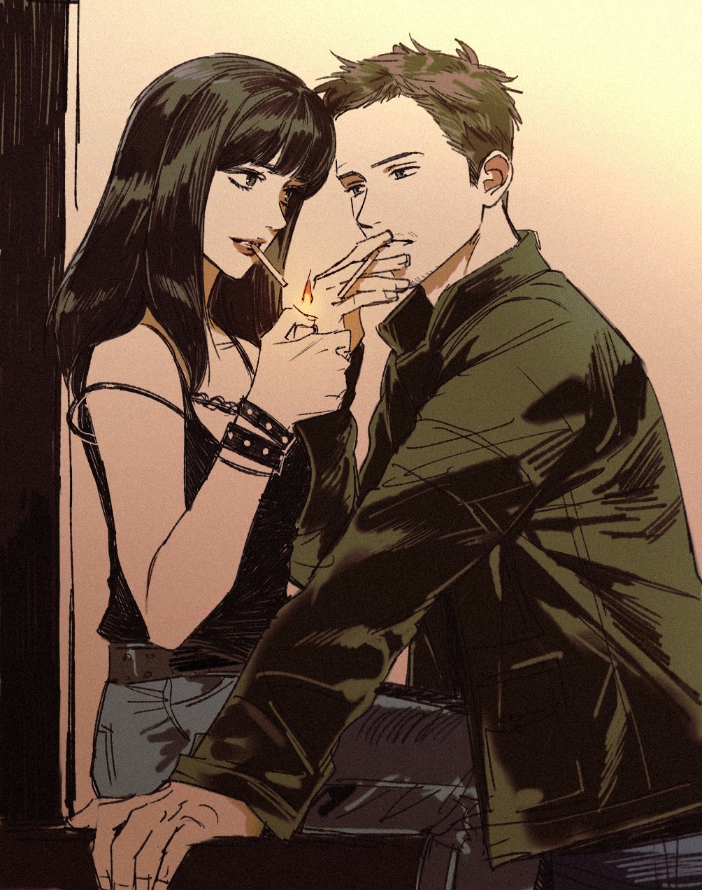 1boy, 1girl, black_hair, black_jacket, breaking_bad, cigarette, cigarette_kiss, commentary_request