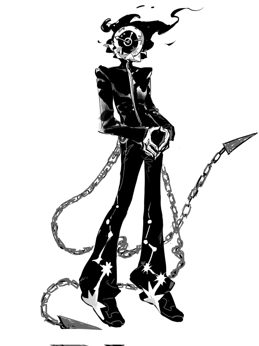 1other, bodysuit, chain, chain_tail, clock, collar, commentary_request, dante_(limbus_company), fire, frilled_collar, frills, full_body, gloves, greyscale, highres, hoyapaint, limbus_company, monochrome, object_head, project_moon, shoes, solo, steepled_fingers, tail