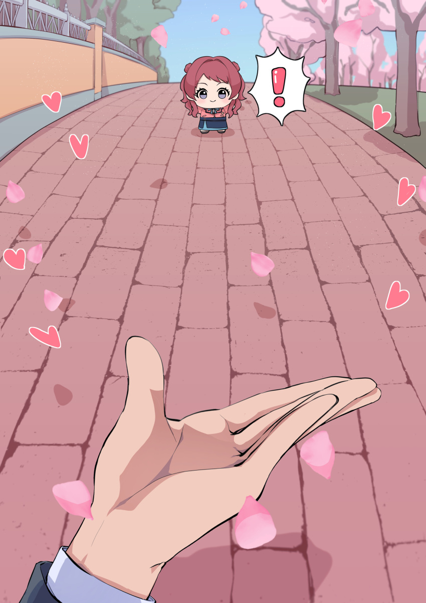 !, 1boy, 1girl, absurdres, blue_skirt, brick_road, c_civciv, cherry_blossoms