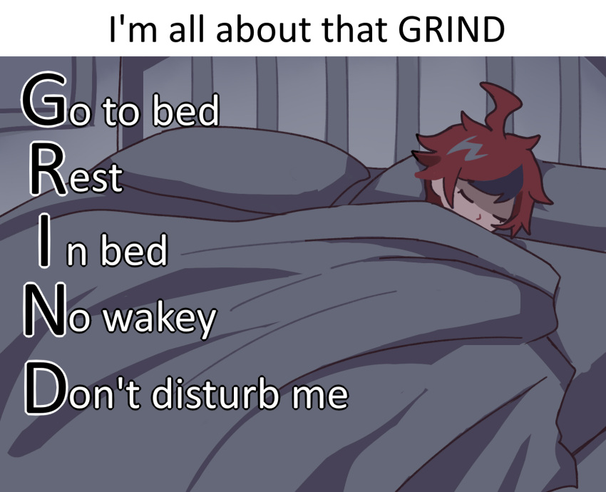 1boy, ahoge, bed, bed_frame, bed_sheet, catp0sse, closed_eyes, english_text