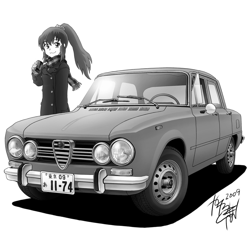 1girl, alfa_romeo, alfa_romeo_giulia, buttons, can, car, closed_mouth, coat
