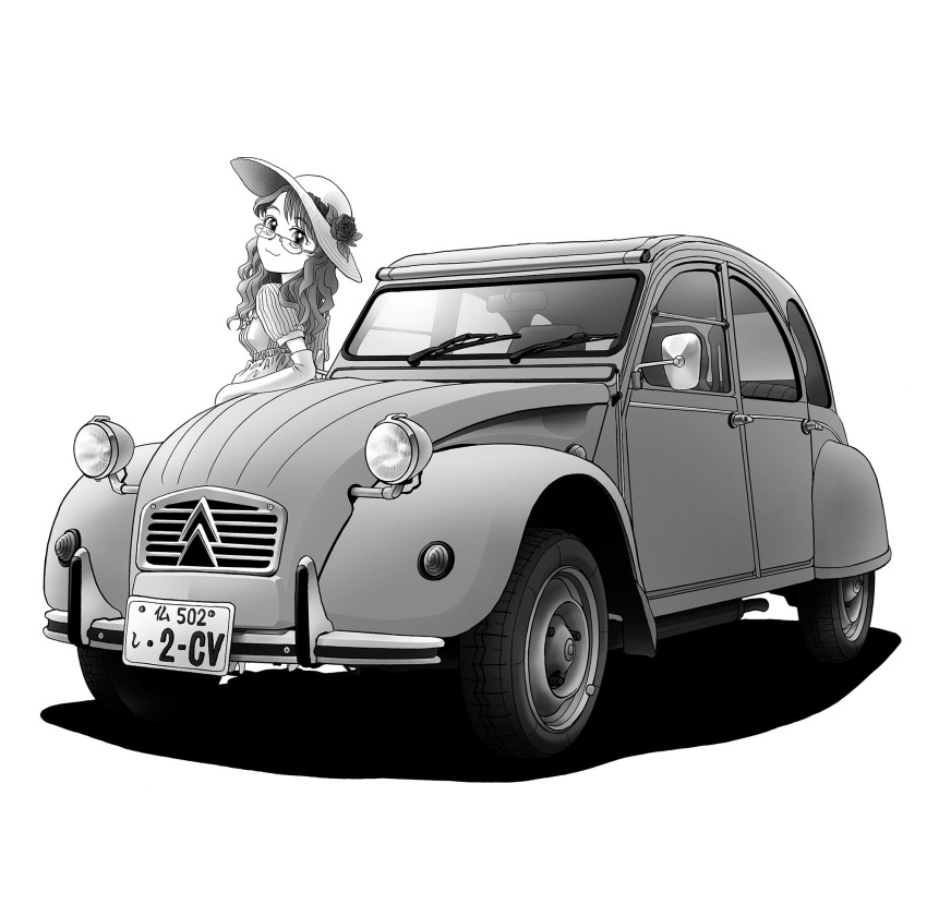 1girl, :3, belt, car, citroen, citroen_2cv, commentary_request, elbow_gloves
