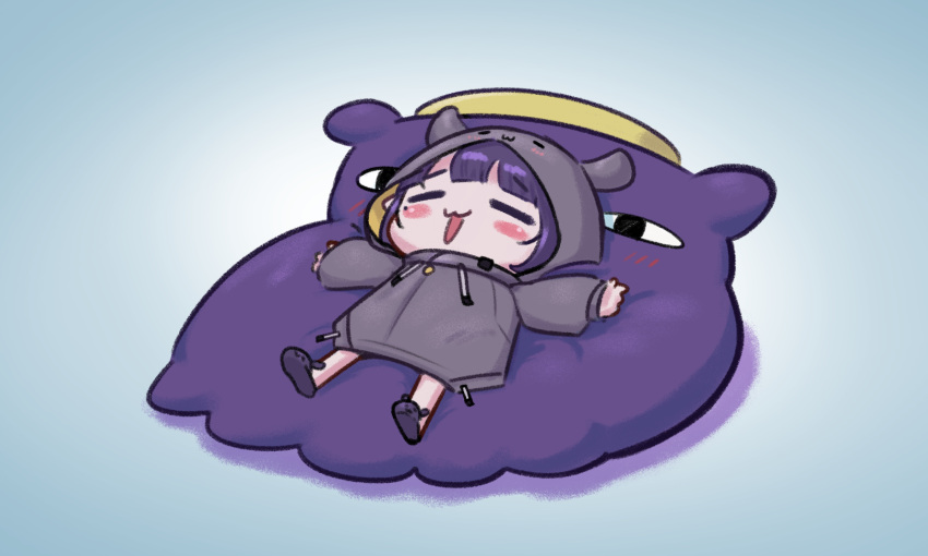 1girl, :3, =_=, bean_bag_chair, blunt_bangs, blush_stickers, chibi, commentary