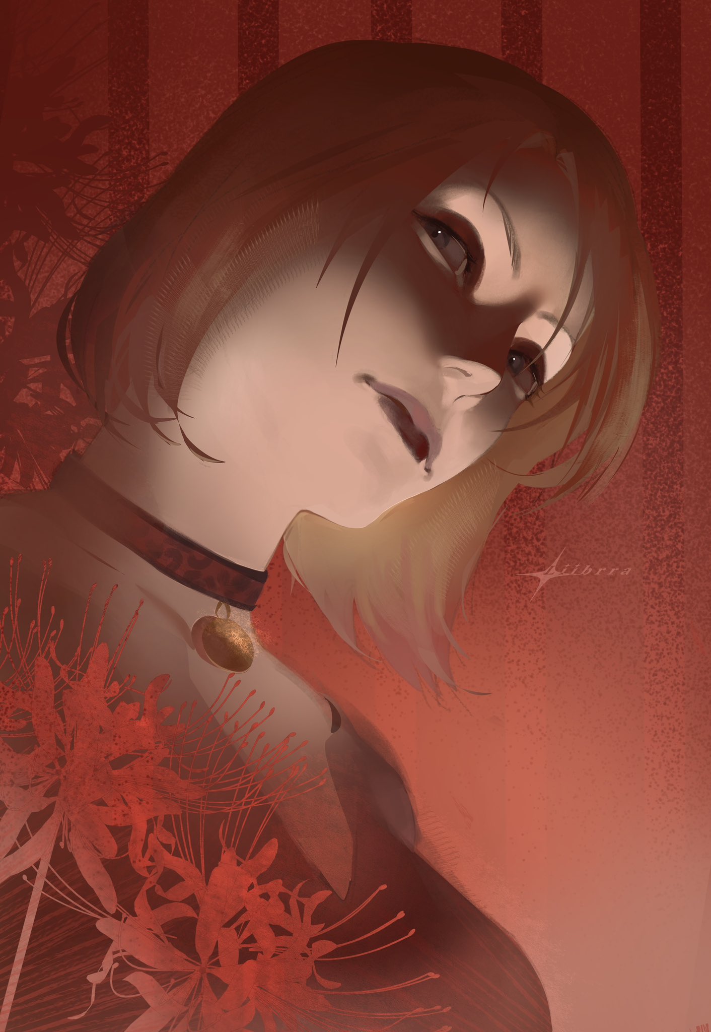 1girl, artist_name, blonde_hair, breasts, colored_tips, flower, grey_eyes, highres, liibrra, looking_at_viewer, maria_(silent_hill), medium_breasts, multicolored_hair, parted_lips, pendant_choker, red_background, red_flower, red_lips, short_hair, silent_hill_(series), silent_hill_2, solo, spider_lily, upper_body, v-neck