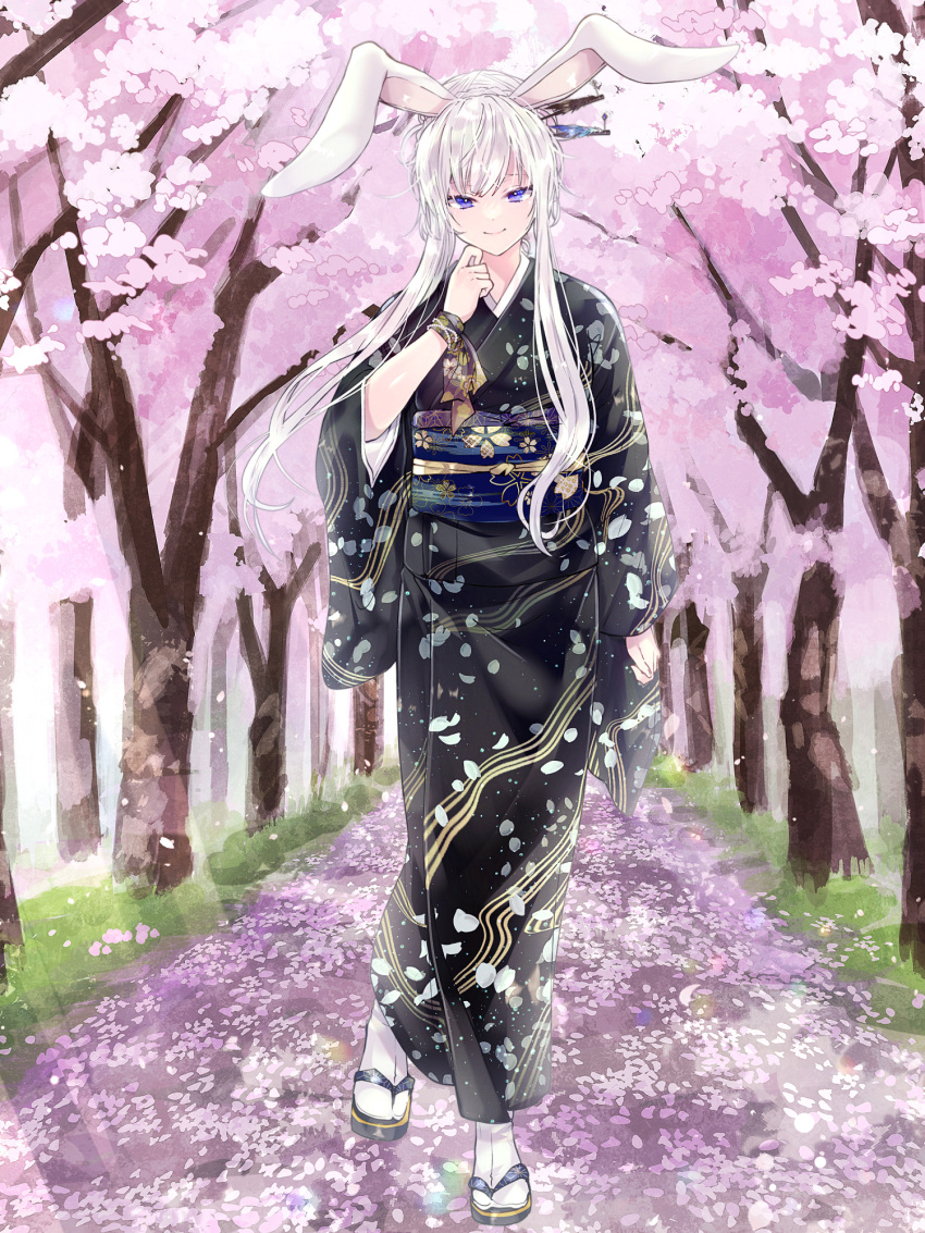 1girl, animal_ears, bad_feet, black_kimono, cherry_blossoms, dairoku_ryouhei, day, flower