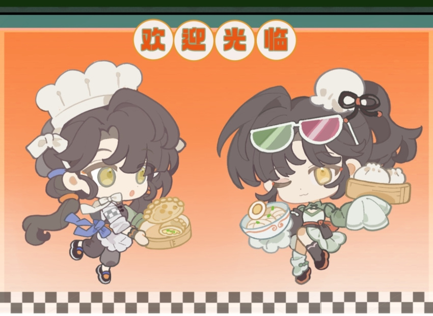 2girls, :o, ;3, alternate_costume, an-an_lee, apron, asymmetrical_legwear, bamboo_steamer