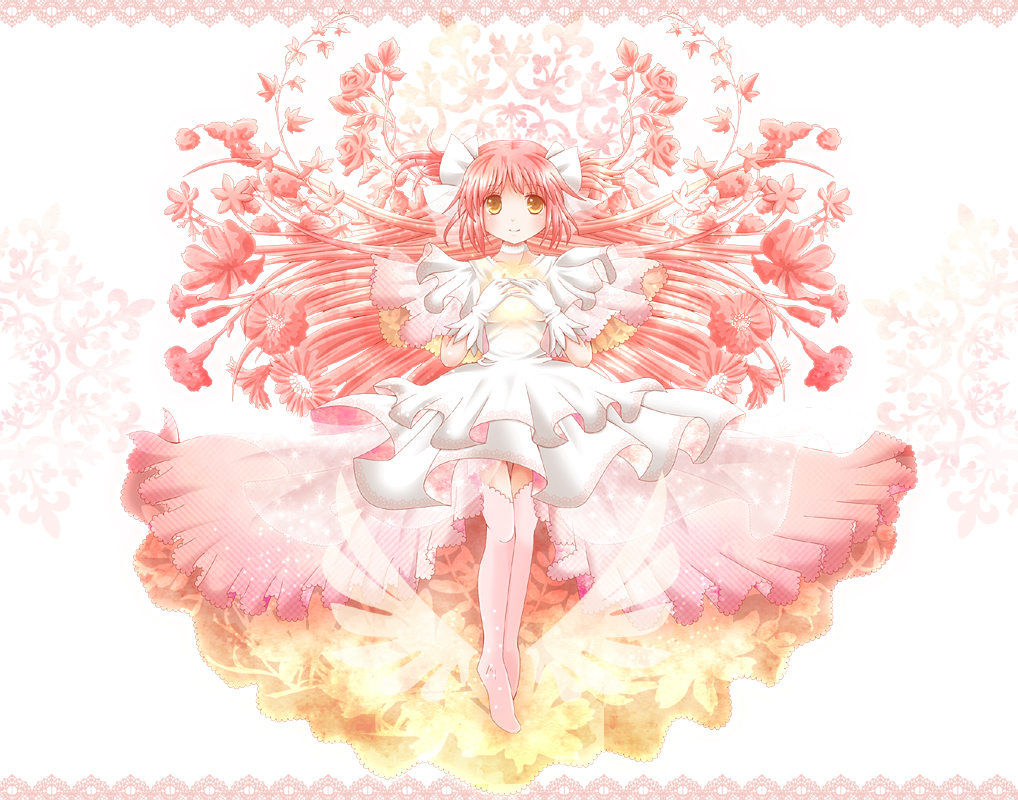 akiiyuuri, flower, gloves, goddess_madoka, kaname_madoka, long_hair, mahou_shoujo_madoka_magica, pink_hair, solo, spoilers, thigh-highs, thighhighs, twintails, ultimate_madoka, wings, yellow_eyes
