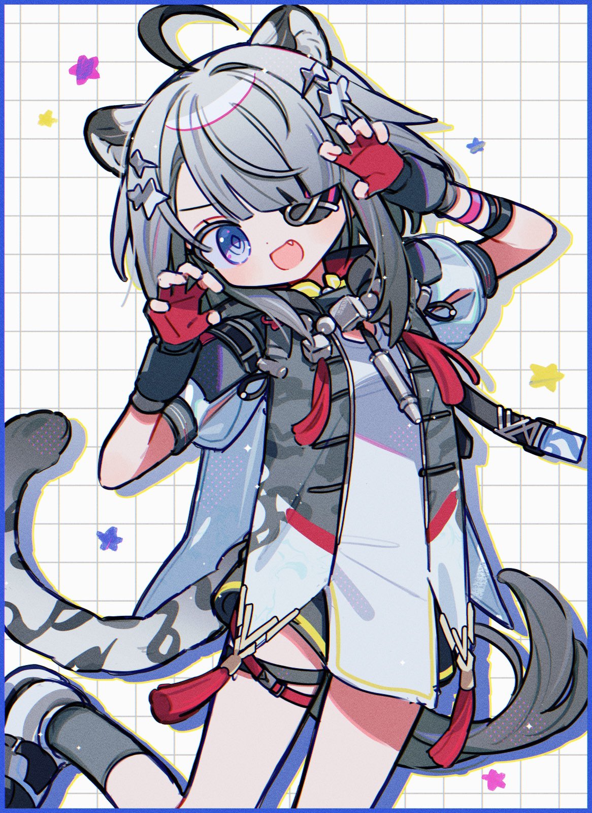 1girl, :d, ahoge, arknights, arknights:_endfield, black_skirt, blue_eyes, cowboy_shot