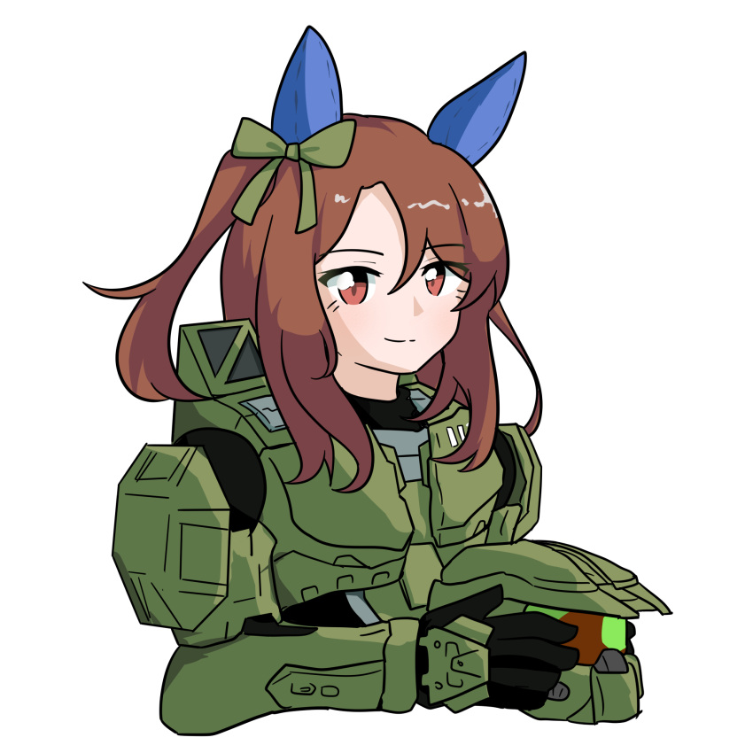 1girl, animal_ears, armor, brown_eyes, brown_hair, cosplay, ear_covers, halo_(series)