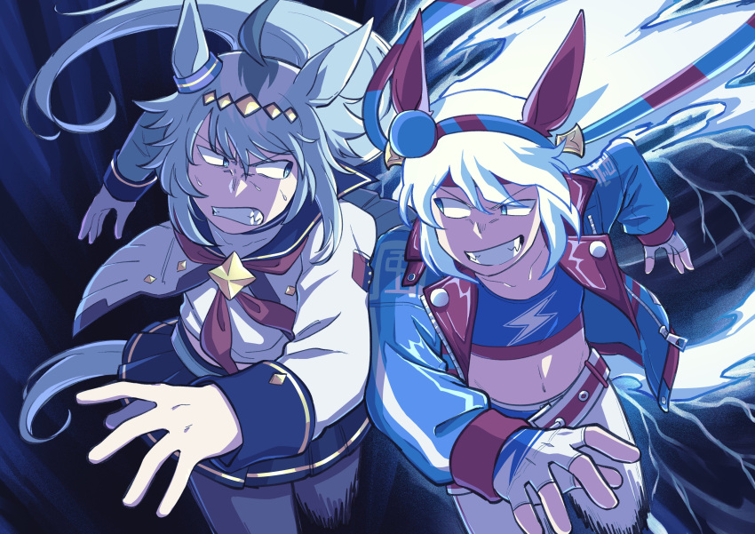 2girls, absurdres, ahoge, animal_ears, black_pantyhose, blue_eyes, blue_jacket, blue_sailor_collar, clenched_teeth, commentary, crop_top, electricity, english_commentary, fingerless_gloves, flat_chest, gloves, grey_hair, grin, highres, horse_ears, horse_girl, horse_tail, jacket, long_hair, midriff, miniskirt, multicolored_hair, multiple_girls, navel, oguri_cap_(starlight_beat)_(umamusume), oguri_cap_(umamusume), pants, pantyhose, pleated_skirt, running, sailor_collar, sailor_shirt, school_uniform, serafuku, shirt, skirt, smile, tail, tamamo_cross_(fast_as_lightning)_(umamusume), tamamo_cross_(umamusume), teeth, umamusume, very_long_hair, vincent-san, white_gloves, white_hair, white_pants