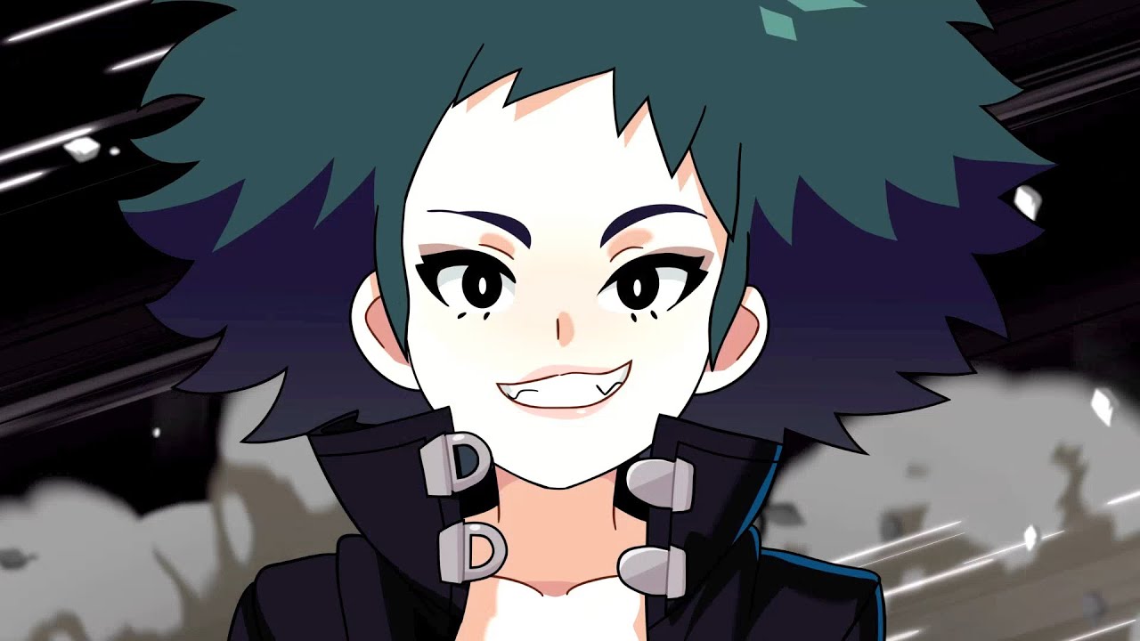 1280x720, 1girl, advance_wars, black_eyes, fangs, green_hair, grin, jacket