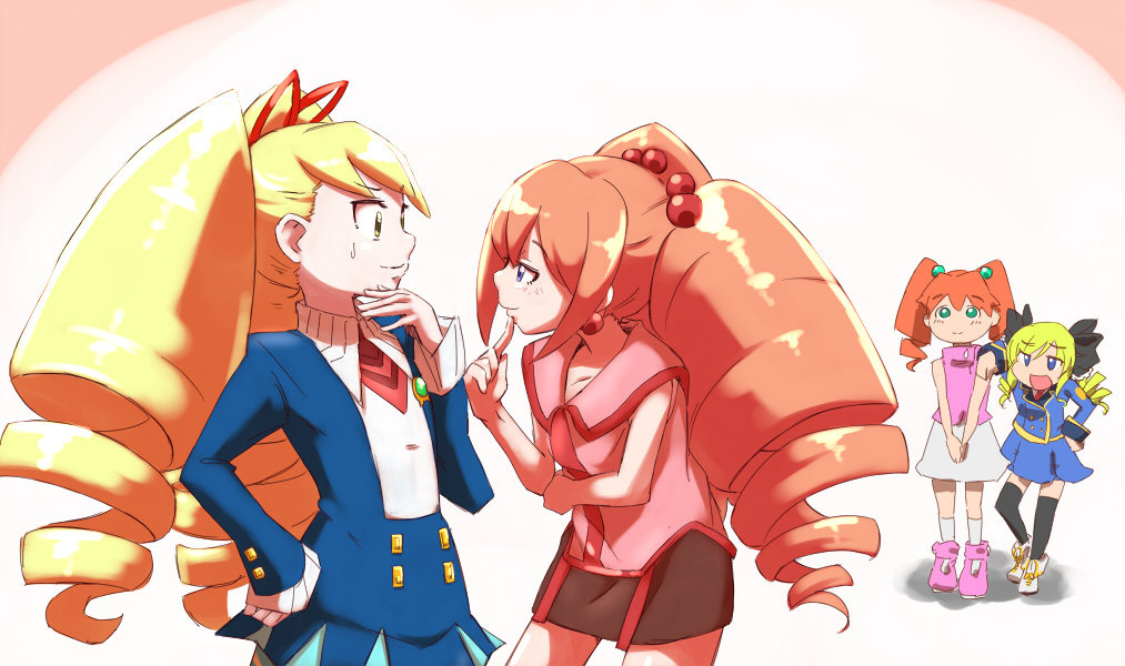 4girls, akechi_kokoro, black_thighhighs, blonde_hair, blue_dress, blue_eyes, bow, cardfight!!_vanguard
