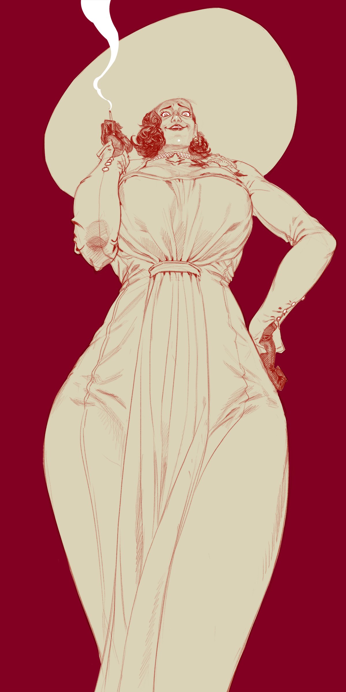 1girl, a_tai, alcina_dimitrescu, black_hair, breasts, cigarette, cowboy_shot, dress
