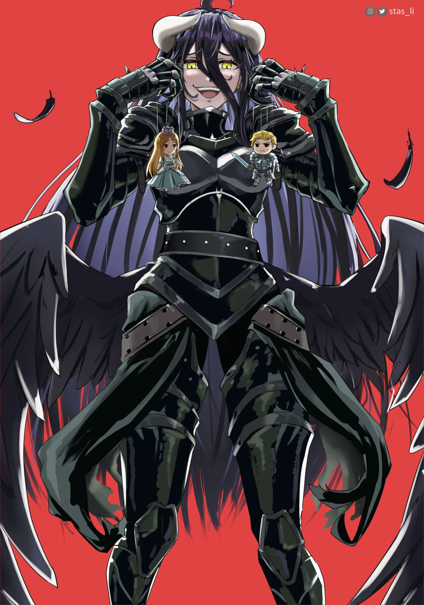 1boy, 2girls, absurdres, albedo_(overlord), armor, black_armor, black_hair, climb_(overlord)