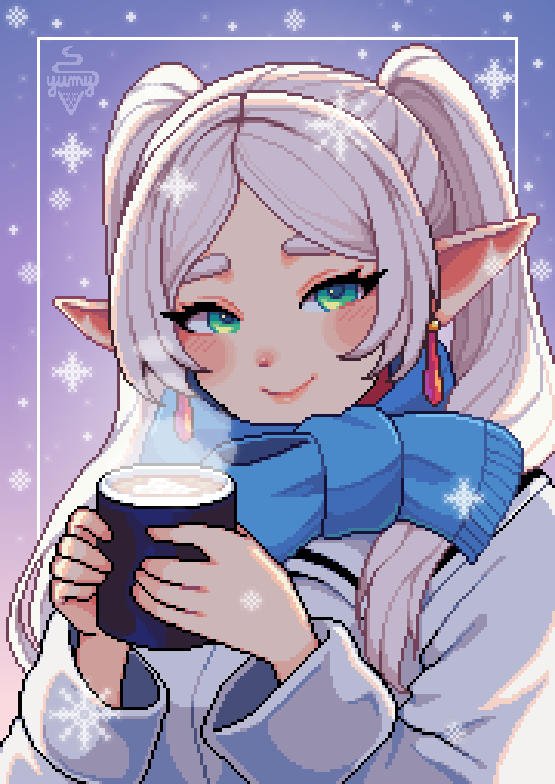 1girl, absurdres, artist_name, aseprite_(medium), blue_scarf, blush, commentary, cup