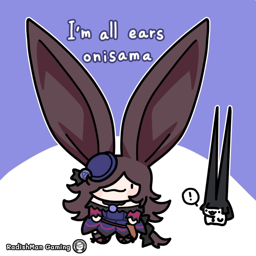 !, 2girls, :3, animal_ears, artist_name, black_hair, blush, brown_hair, chibi, comically_large_ears, english_text, fox_ears, highres, horse_ears, horse_girl, horse_tail, hoshimi_miyabi, i'm_all_ears_(meme), long_hair, meme, multiple_girls, radishman, rice_shower_(rosy_dreams)_(umamusume), rice_shower_(umamusume), solo_focus, spoken_exclamation_mark, tail, umamusume, zenless_zone_zero