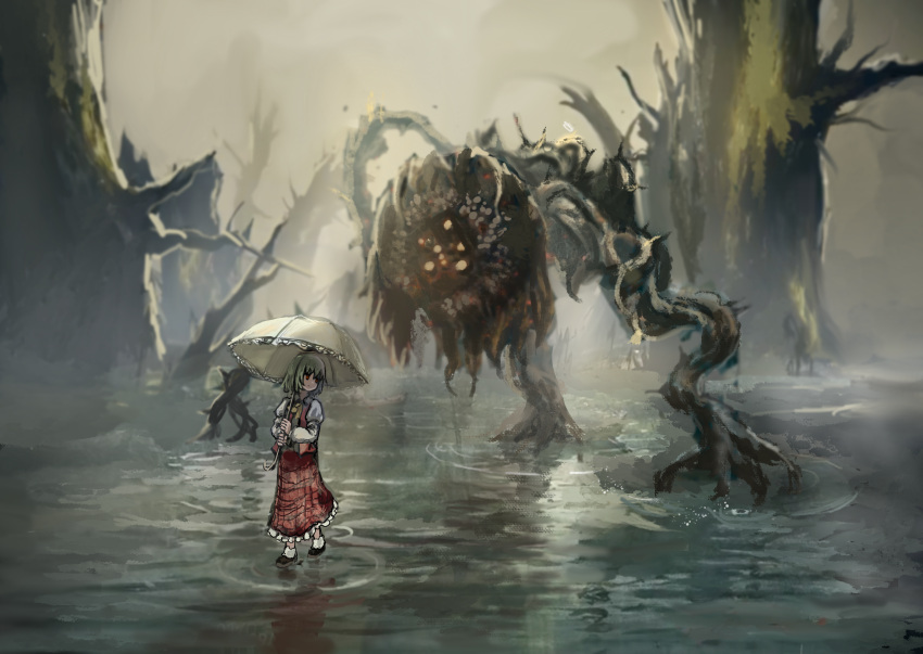 1girl, black_shoes, chinese_commentary, commentary, crossover, elden_ring, elden_ring:_shadow_of_the_erdtree, fog