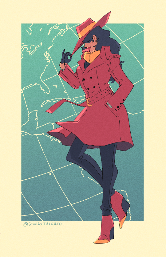 1girl, artist_name, black_hair, black_pants, buttons, carmen_sandiego, carmen_sandiego_(series), coat