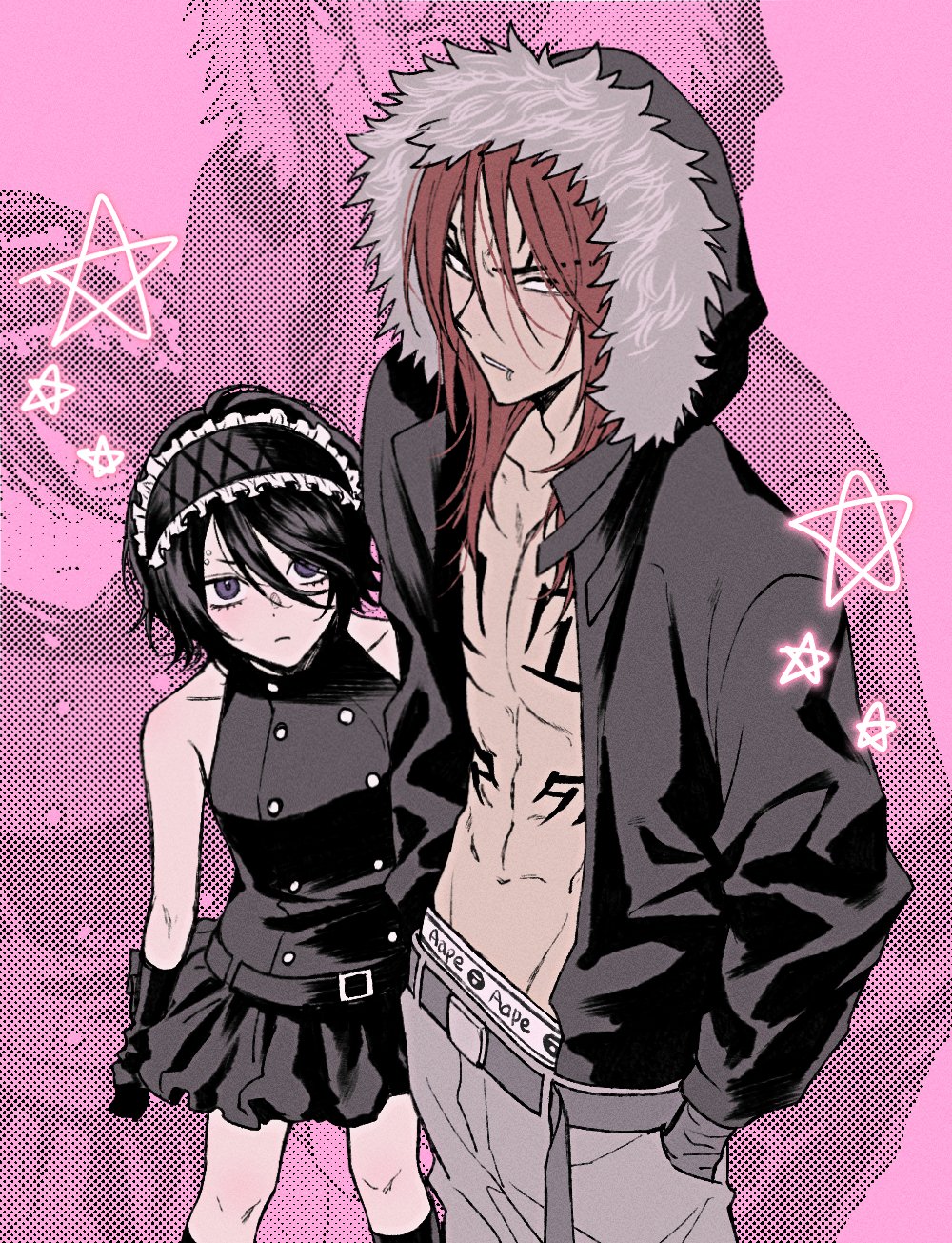 1boy, 1girl, abarai_renji, abs, amugonagurim, bare_shoulders, belt, black_belt