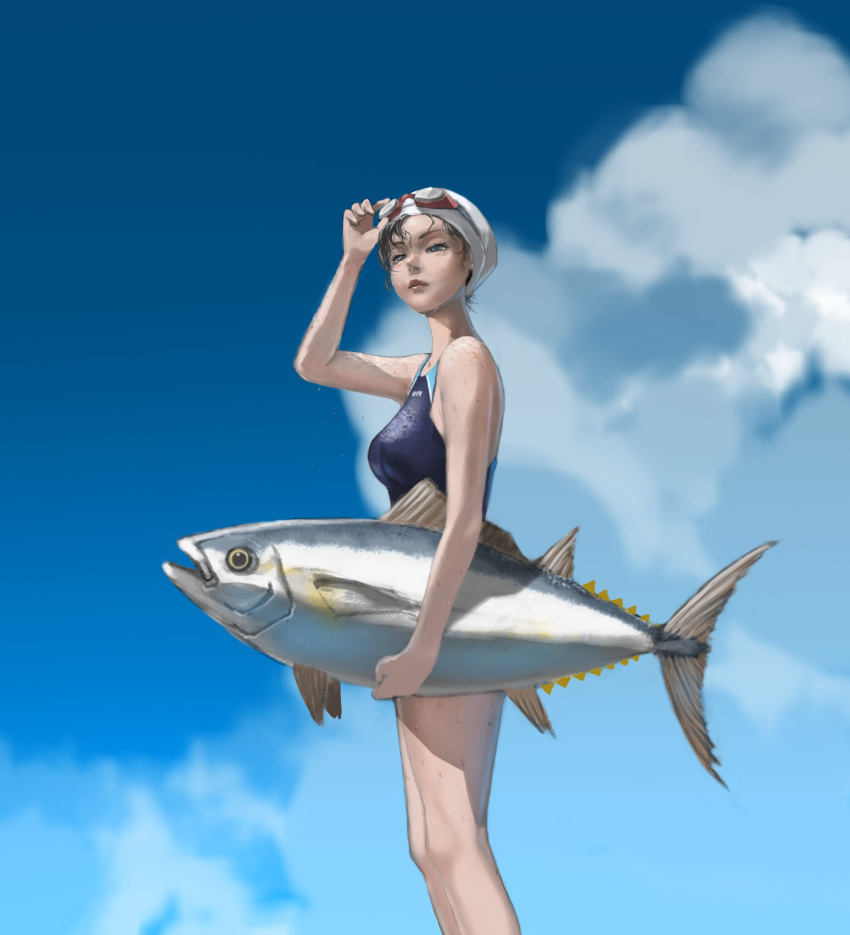 animal, black_hair, blue_one-piece_swimsuit, blue_sky, clouds, day, goggles, goggles_on_head