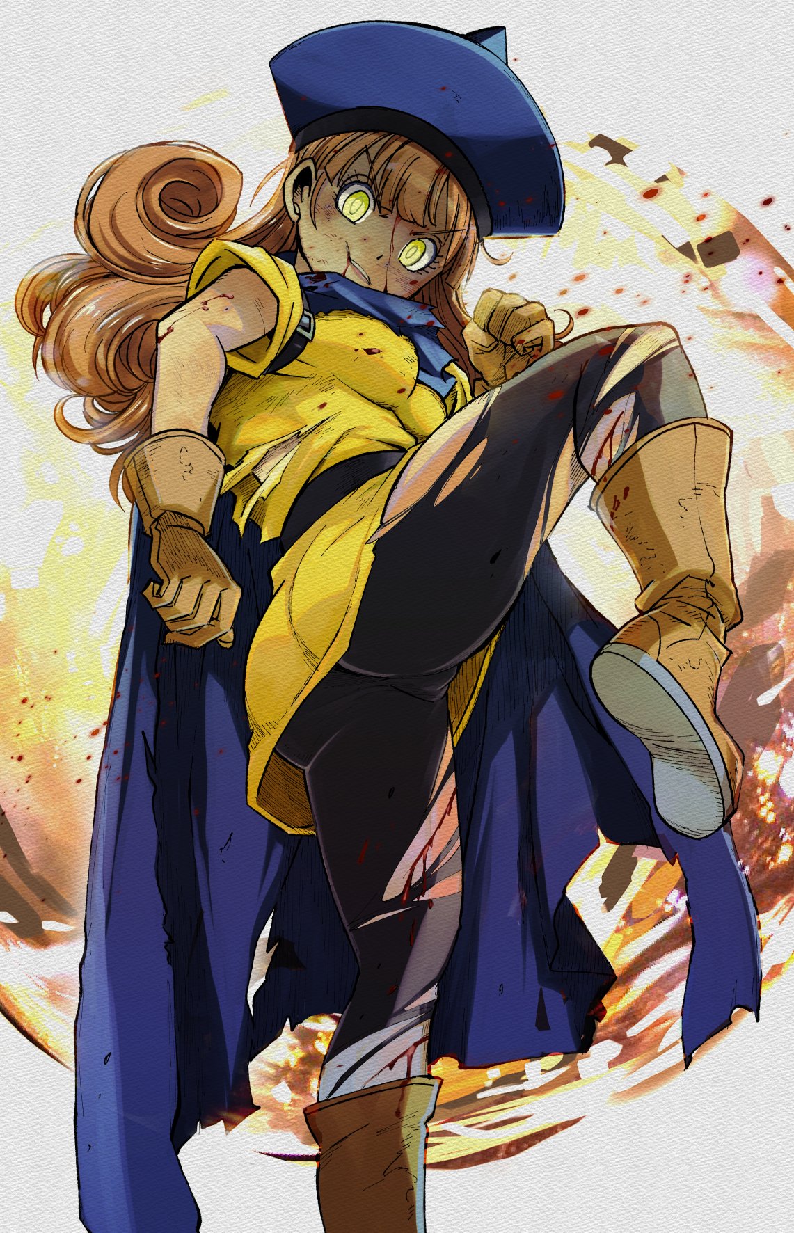 1girl, alena_(dq4), ass, black_pantyhose, blood, blood_from_forehead, blue_cape, blue_hat