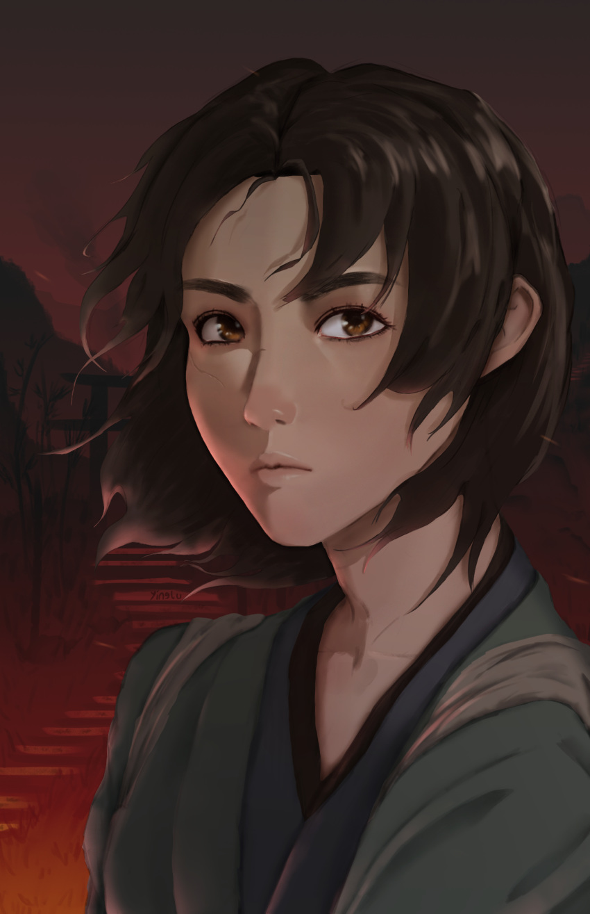 1girl, assassin's_creed:_shadows, assassin's_creed_(series), bamboo, bamboo_forest, brown_eyes, closed_mouth, commentary