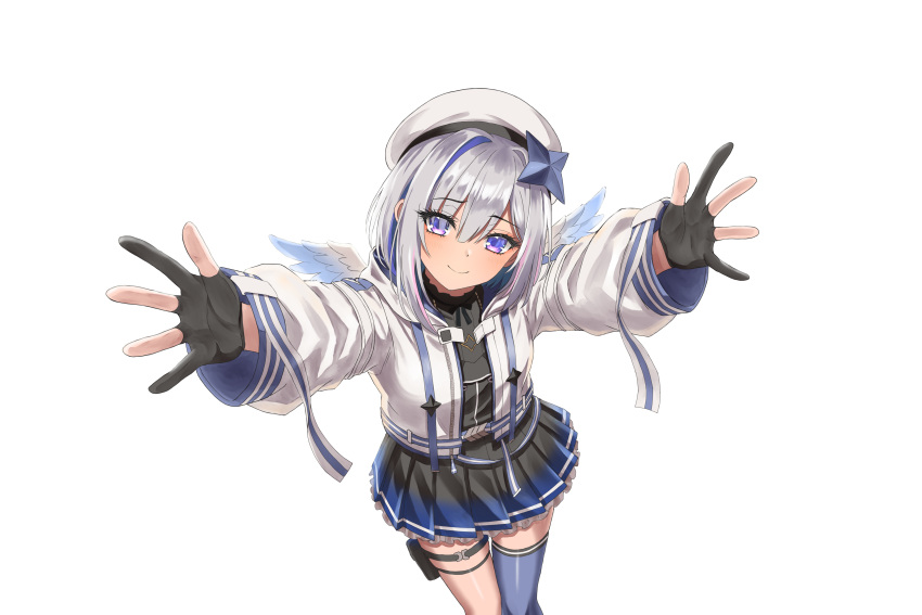 1girl, 666girimekara, absurdres, amane_kanata, amane_kanata_(work), angel_wings, aqua_wings, asymmetrical_legwear
