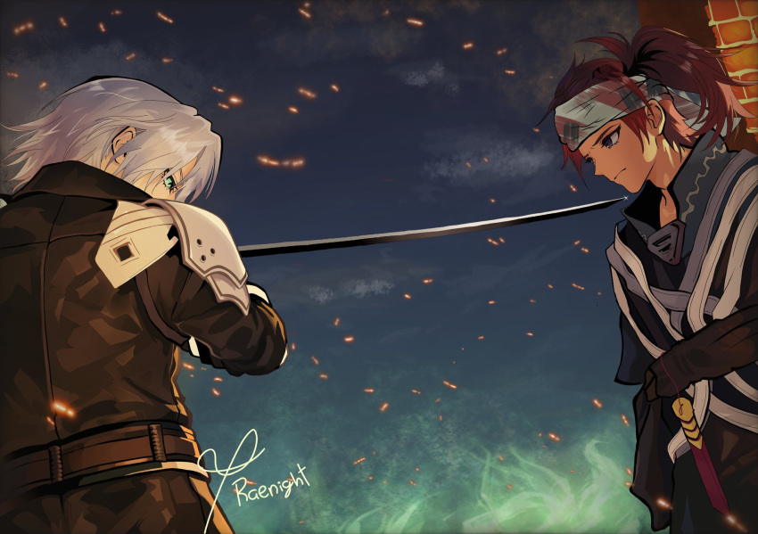 2boys, armor, artist_name, black_jacket, blade_to_throat, brick_wall, brown_eyes, brown_hair
